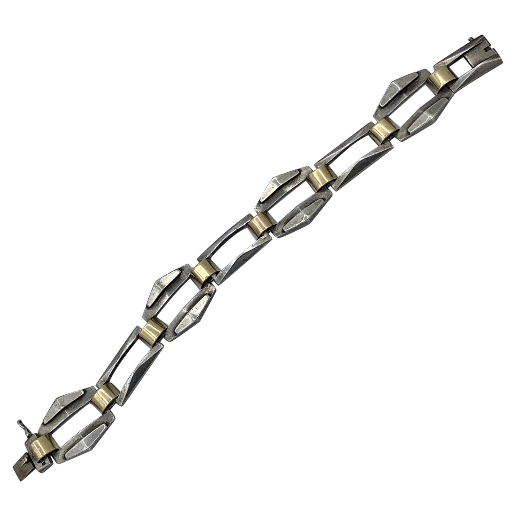 Modernist Machine Age Art Deco Bracelet Sterling Silver Gold Geometric Barcelona For Sale