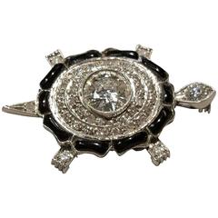 Art Deco Onyx Diamond Platinum Turtle Brooch