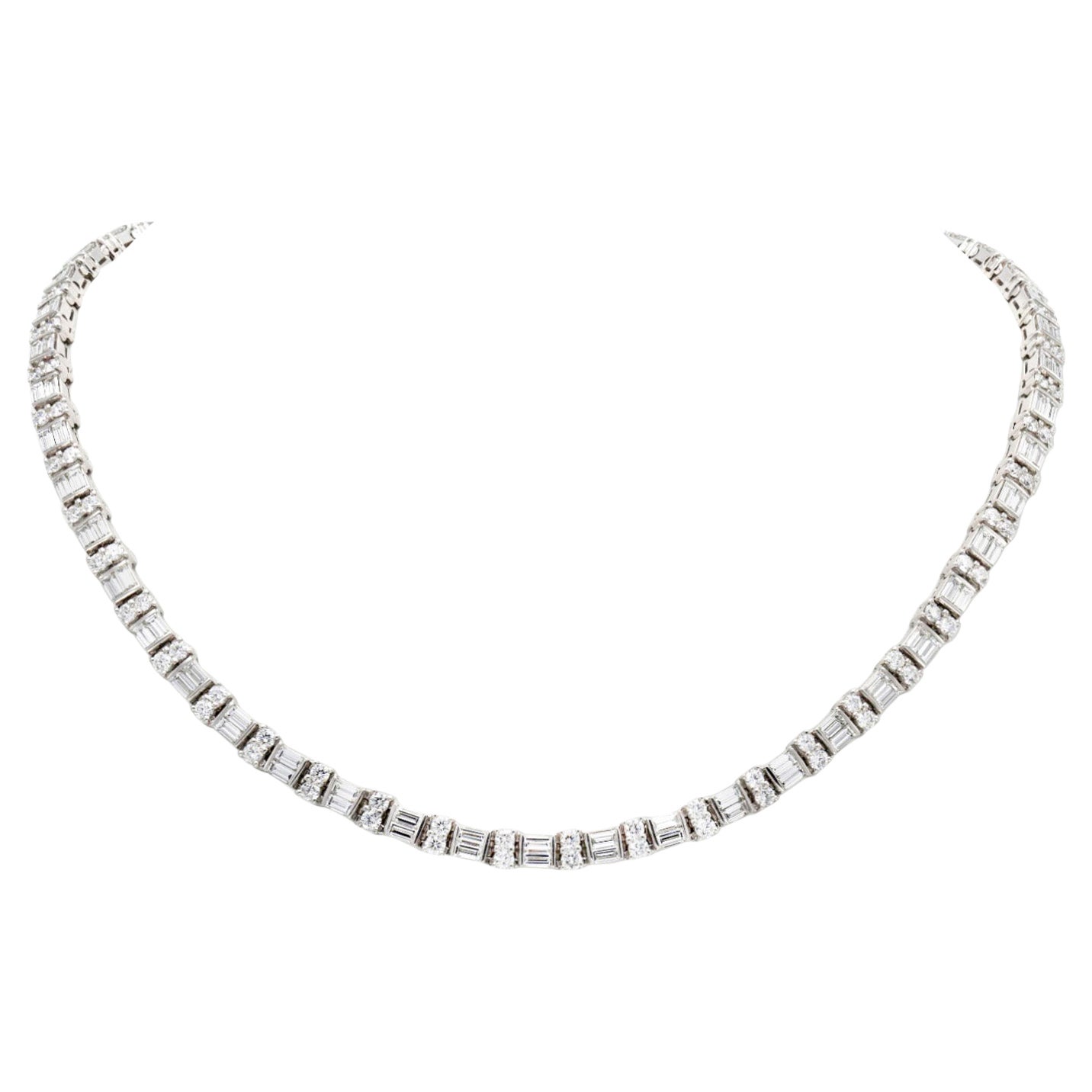 16.00 Carat Round and Baguette Cut Diamond Line Necklace For Sale