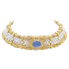 20.00 Carat Cabochon Sapphire and Pearls Chocker Necklace with Diamonds