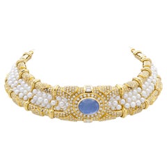 20,00 Carati Zaffiro Cabochon e Perle Collana Chocker con Diamanti