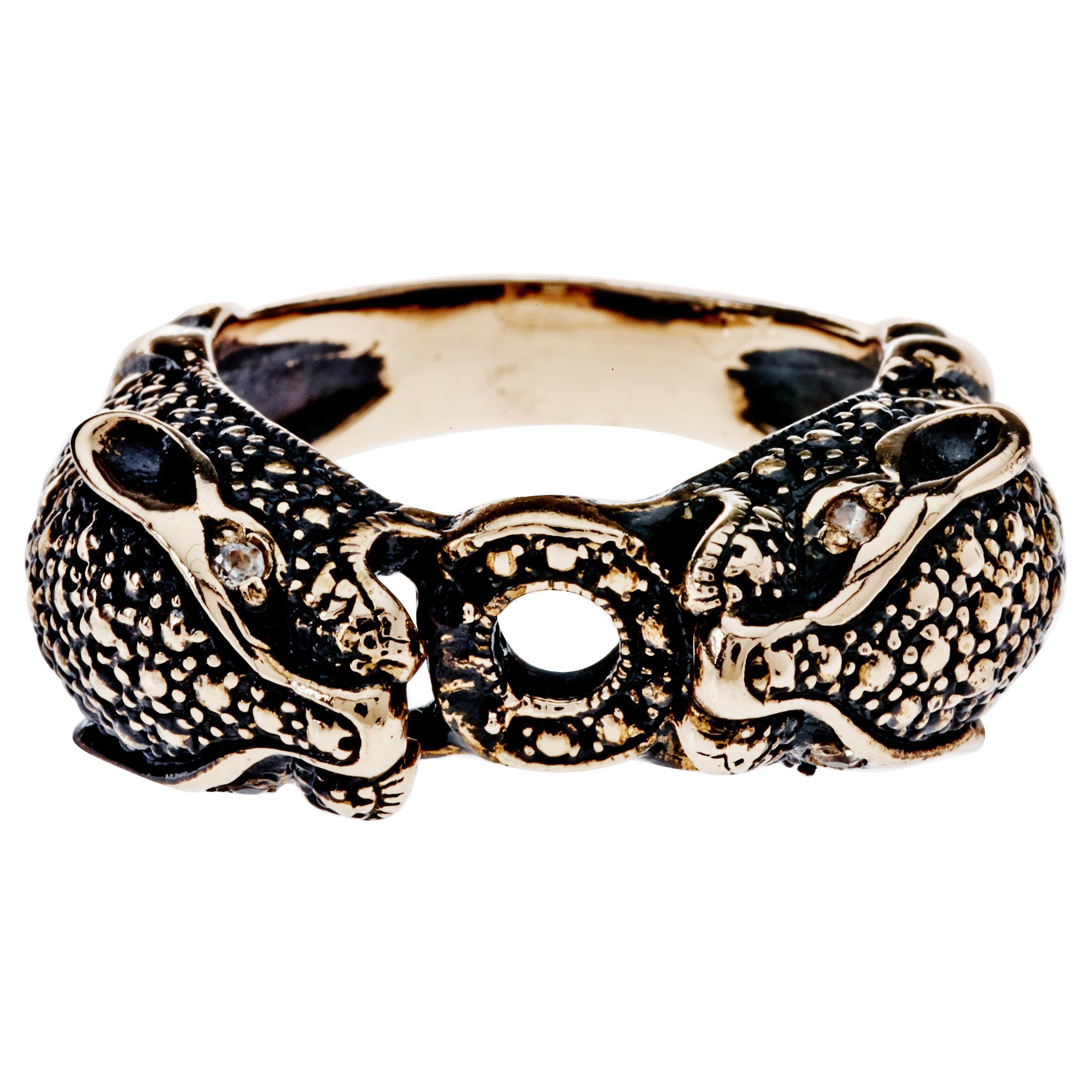 Orange Sapphire Double Head Jaguar Ring Antique Gold Animal Ring J Dauphin For Sale