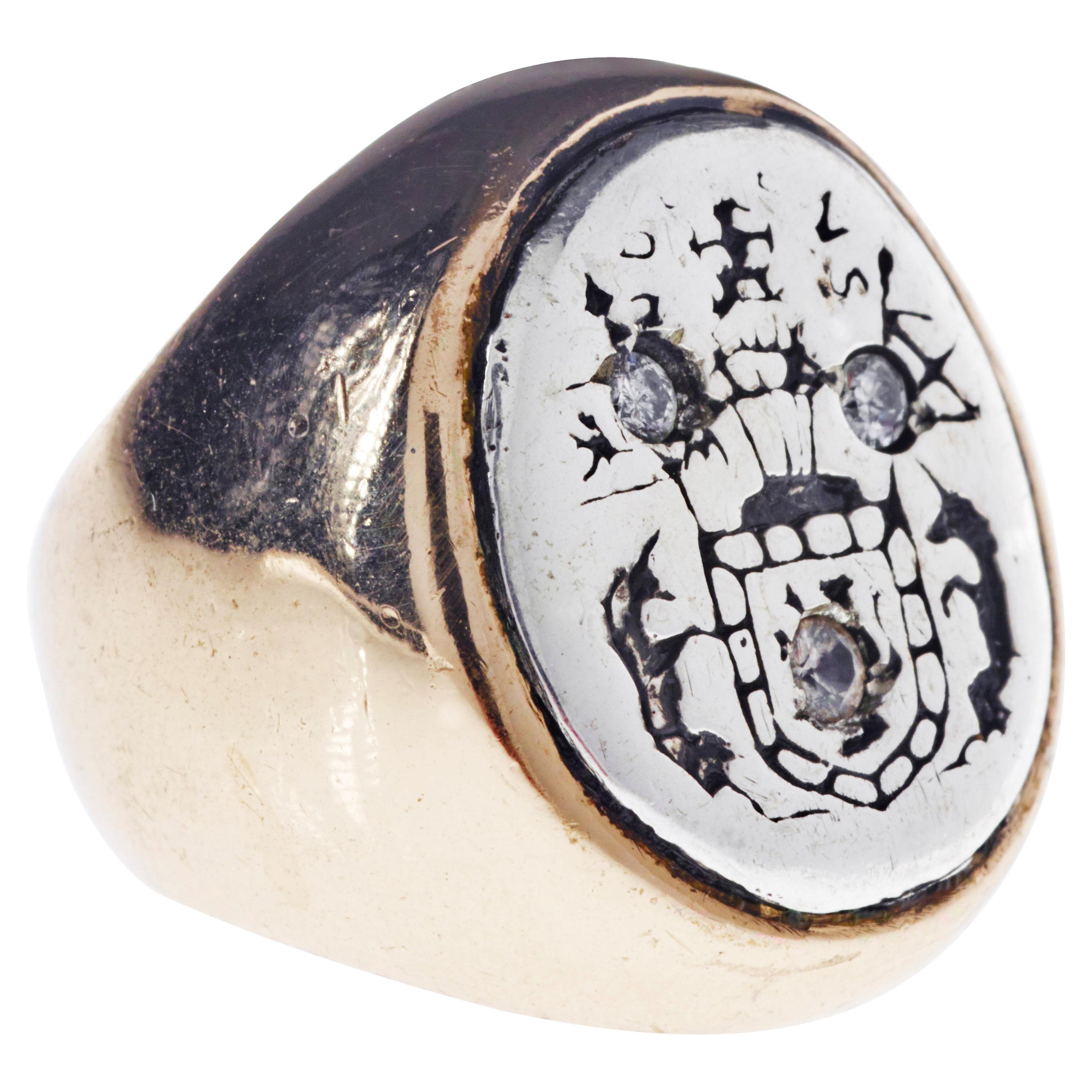 White Diamond Crest Signet Ring Silver Bronze J Dauphin For Sale