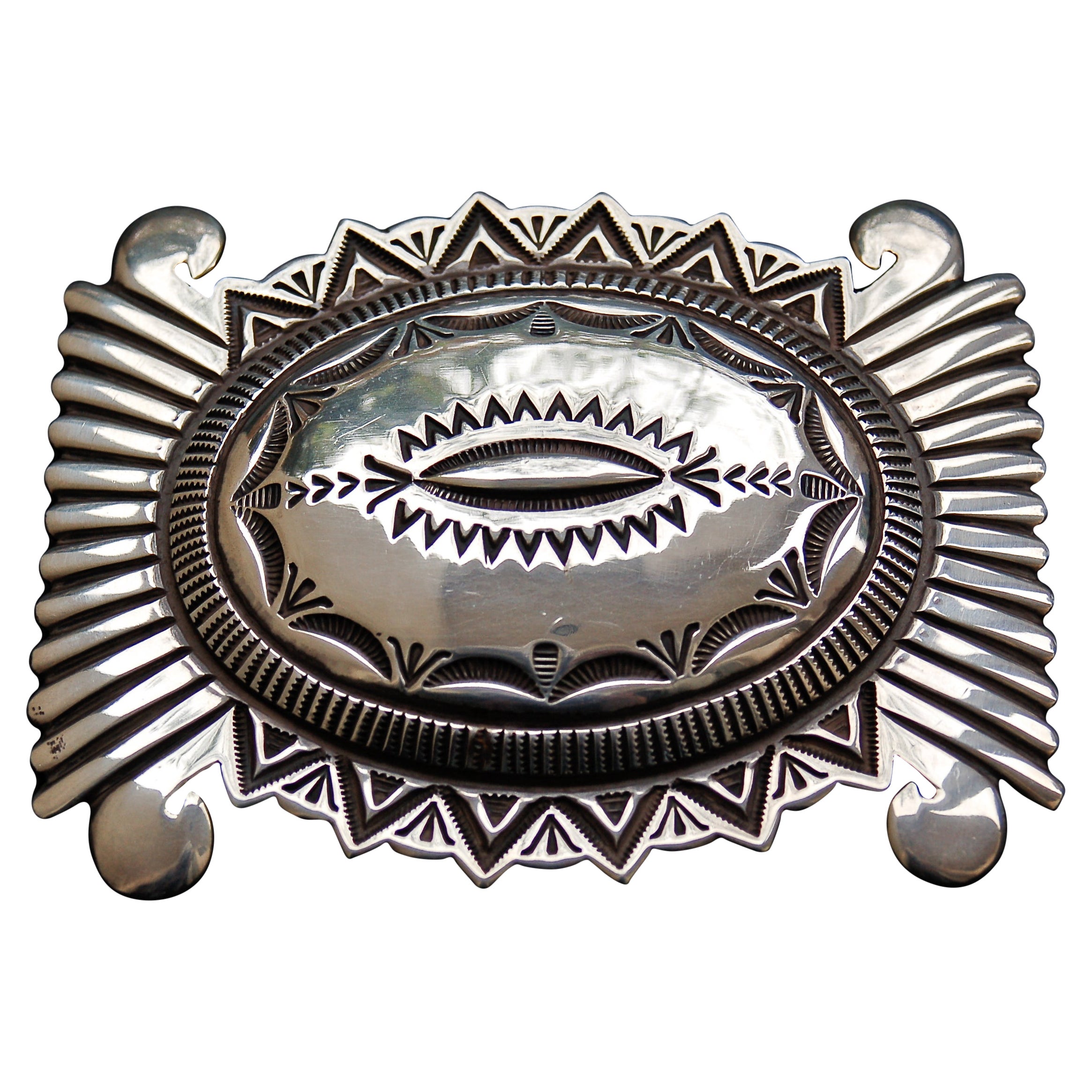 Striking Navajo Stamped Heavy Sterling Silver Belt Buckle by Wilson Jim, 1988 For Sale