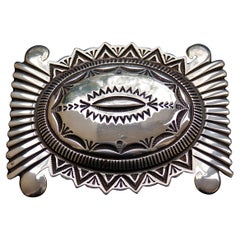 Vintage Striking Navajo Stamped Heavy Sterling Silver Belt Buckle by Wilson Jim, 1988