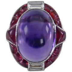1930s Art Deco Ruby Cabochon Amethyst Diamond Platinum Ring