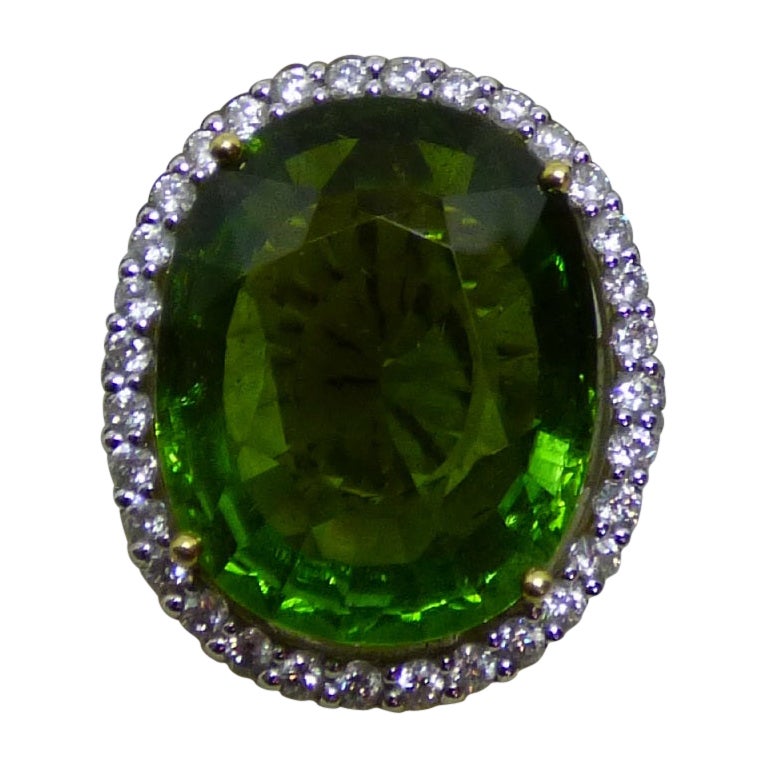 22ct Oval Green Tourmaline Cluster Ring in 18k Gold For Sale
