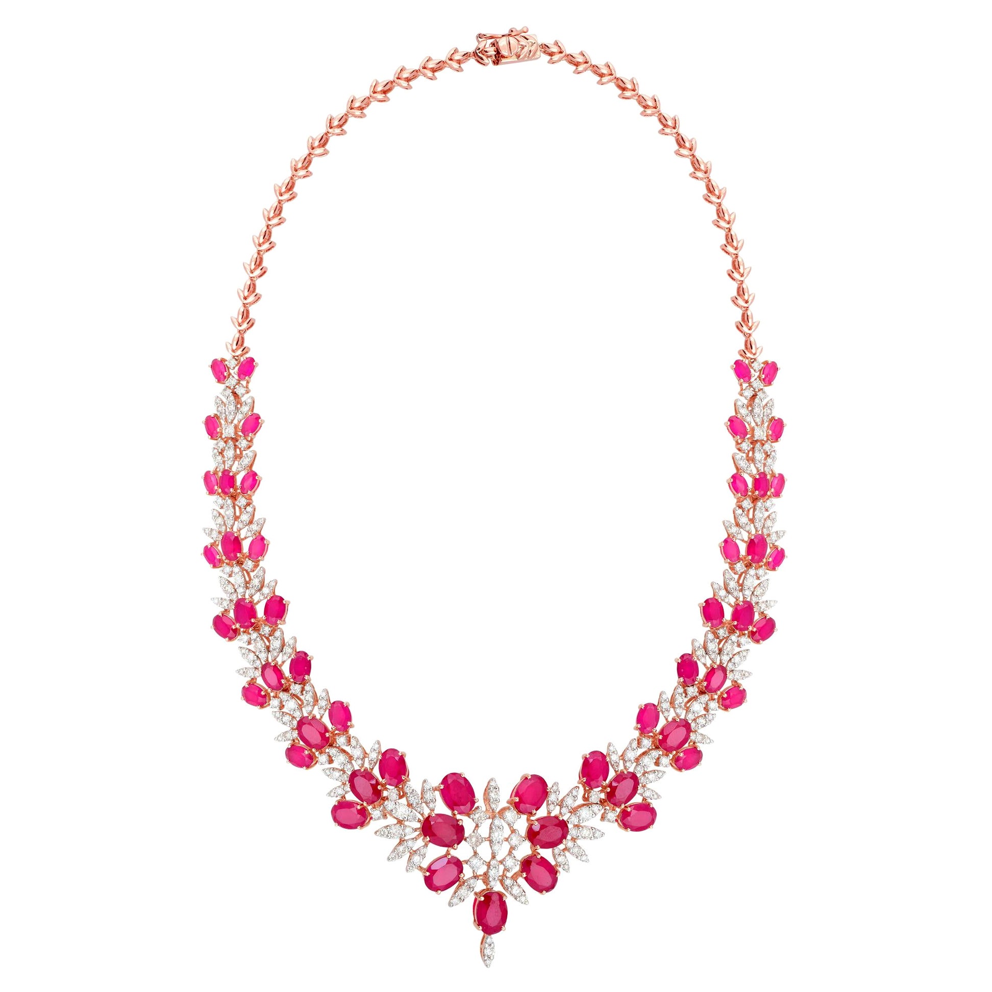 Rot verarbeitete Edelstein Choker Halskette Pave Diamant 18k Rose Gold Feiner Schmuck im Angebot
