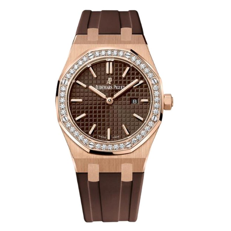 Audemars Piguet Royal Oak Quartz Rose Gold Brown Dial Diamond Bezel ...