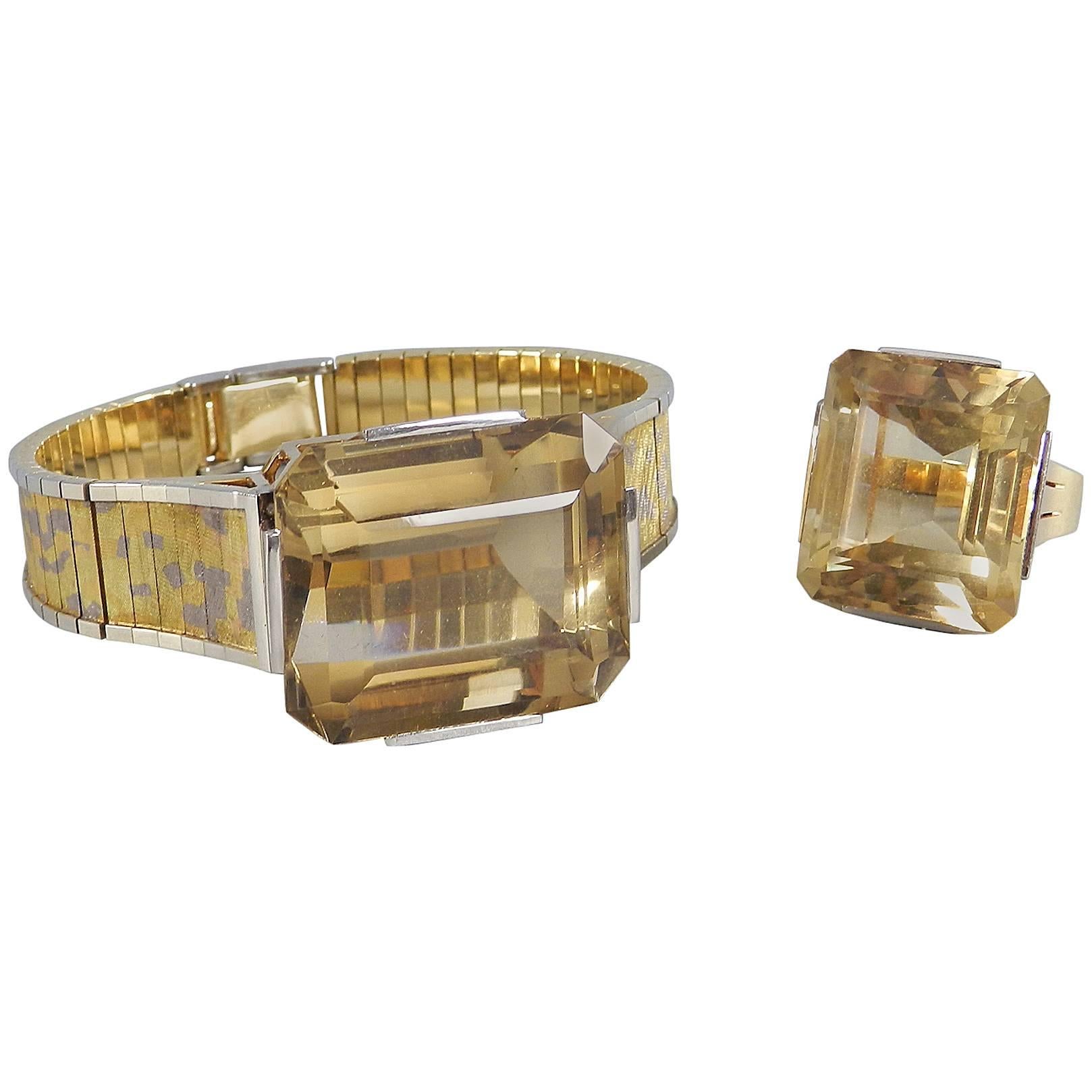 Retro Style Eszeha Smoky Citrine Gold Bracelet and Ring Set For Sale