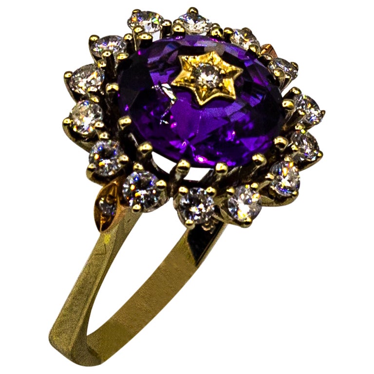 Art Deco Style White Brilliant Cut Diamond Amethyst Yellow Gold Cocktail Ring For Sale