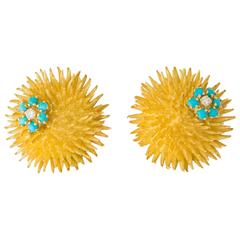 Boucles d'oreilles oursin Jean Schlumberger en or:: diamant et turquoise:: Tiffany & Co