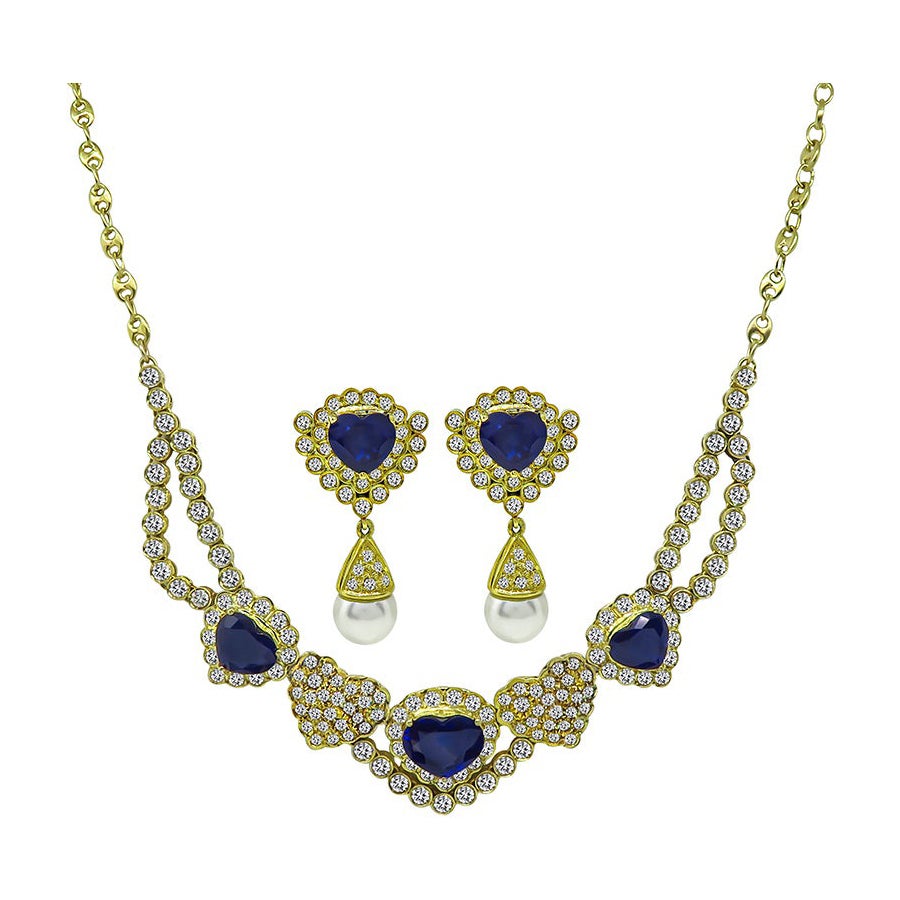9.00ct Sapphire 7.00ct Diamond Heart Necklace and Earrings Set For Sale