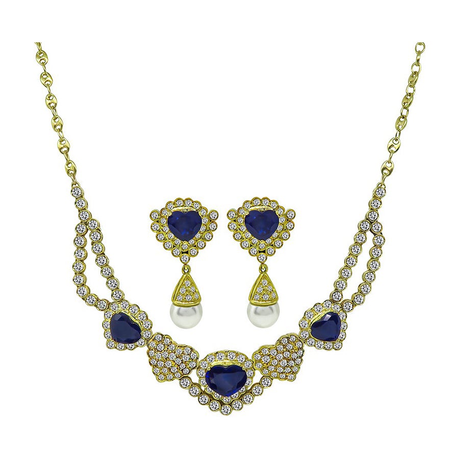 Ensemble collier et boucles d'oreilles en forme de cœur en saphir 9,00 carats et diamants 7,00 carats