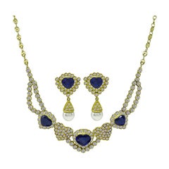 Vintage 9.00ct Sapphire 7.00ct Diamond Heart Necklace and Earrings Set
