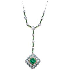 Antique Edwardian Emerald Diamond Gold Platinum Necklace