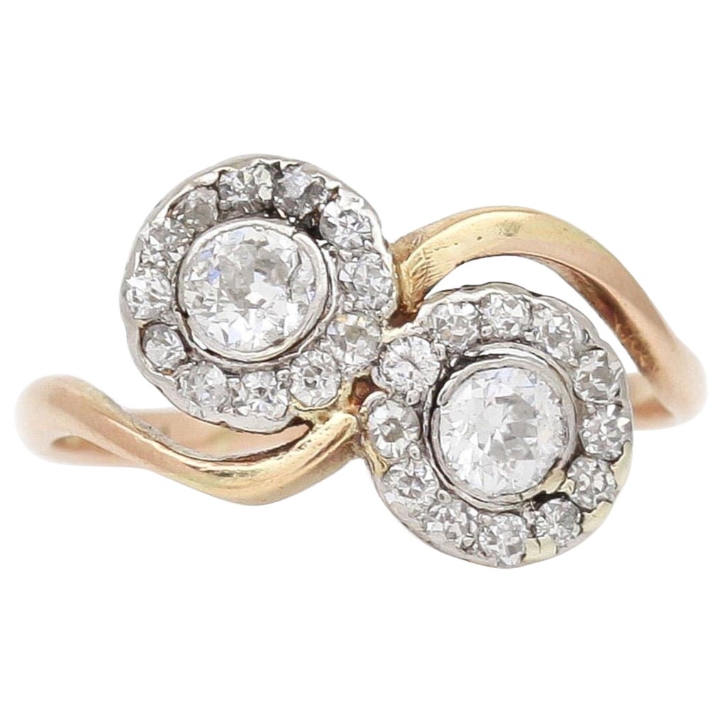 Early 20th Century 18ct Gold and Platinum Diamond Toi Et Moi Cluster Ring