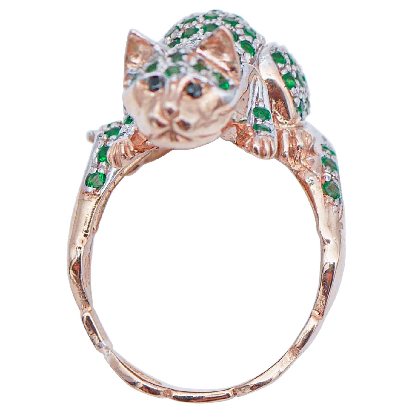 Anillo Gato Piedras Verdes, Diamantes Negros, Oro Rosa y Plata en venta