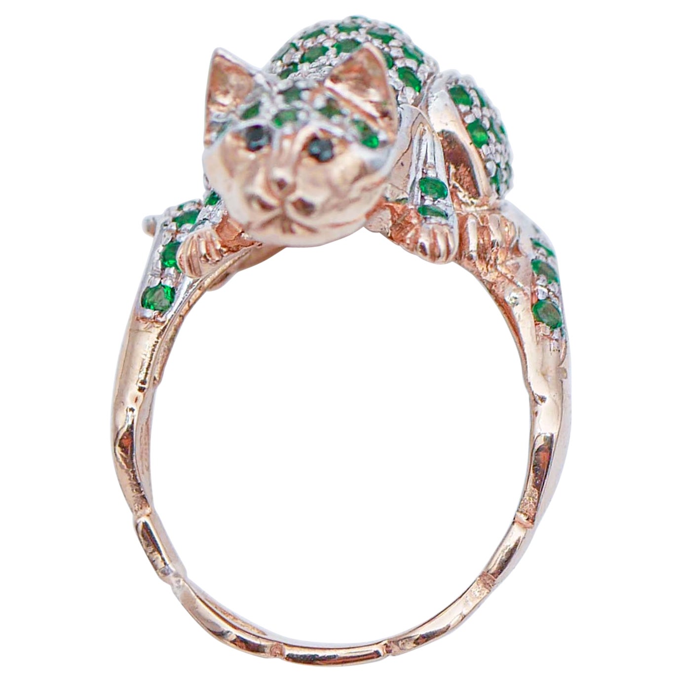 Green Stones, Black Diamonds, Rose Gold and Silver Cat Ring For Sale