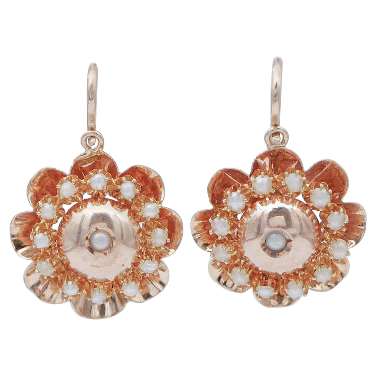 Pearls, 12 Karat Rose Gold Retrò Earrings For Sale