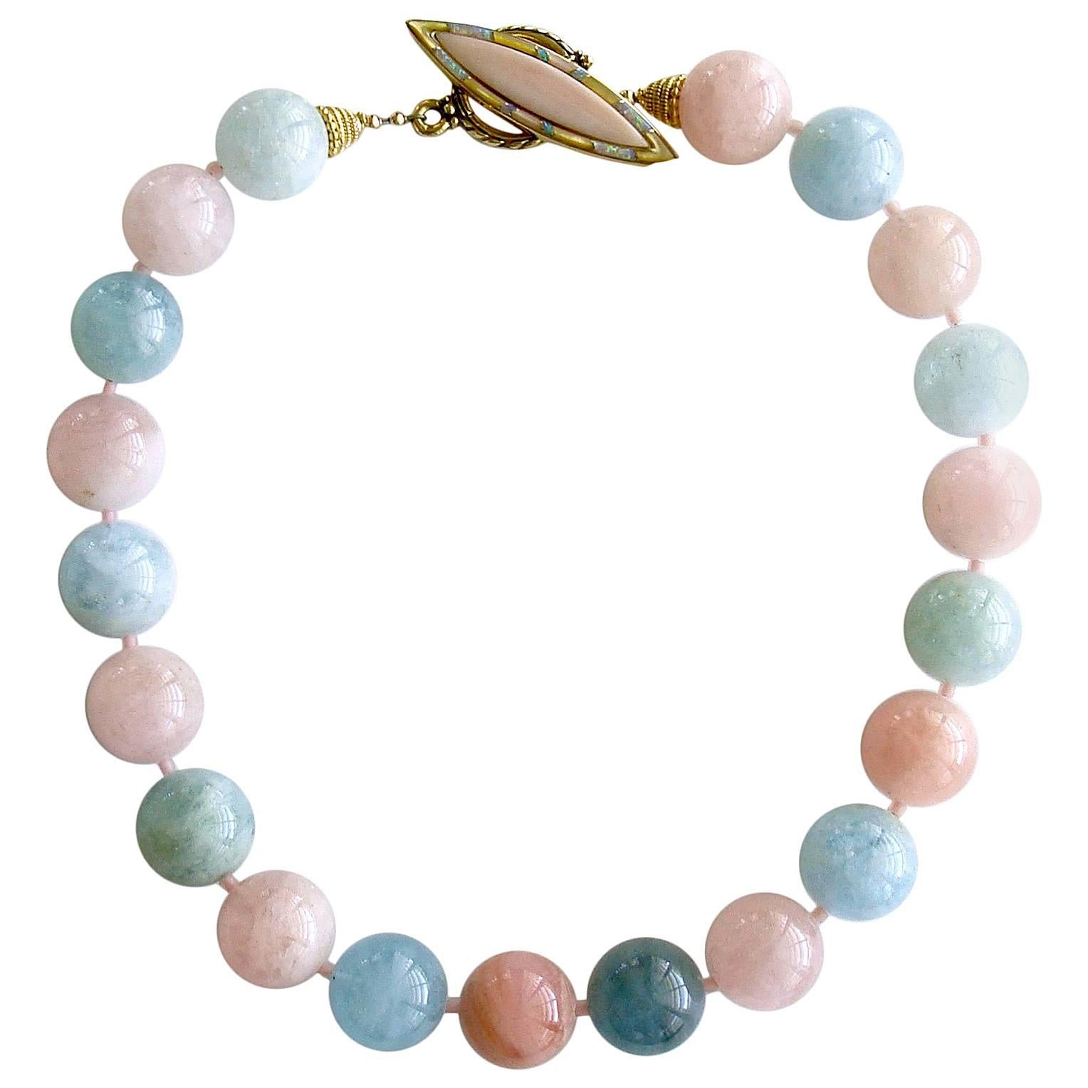 Beryl Aquamarine Morganite Choker Necklace w/ Opal Mother of Pearl Toggle Clasp