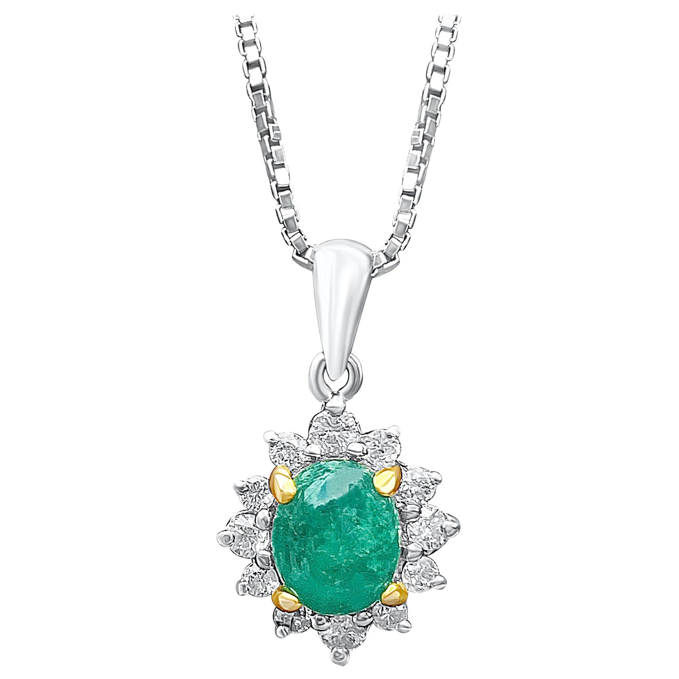 1 Carat Oval-Cut Colombian Emerald and Diamond 18 Karat White Gold Pendant For Sale