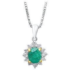 1 Carat Oval-Cut Colombian Emerald and Diamond 18 Karat White Gold Pendant