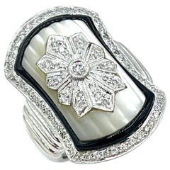 Vintage Diamond Mother of Pearl and Onyx 18K White Gold Cocktail Ring
