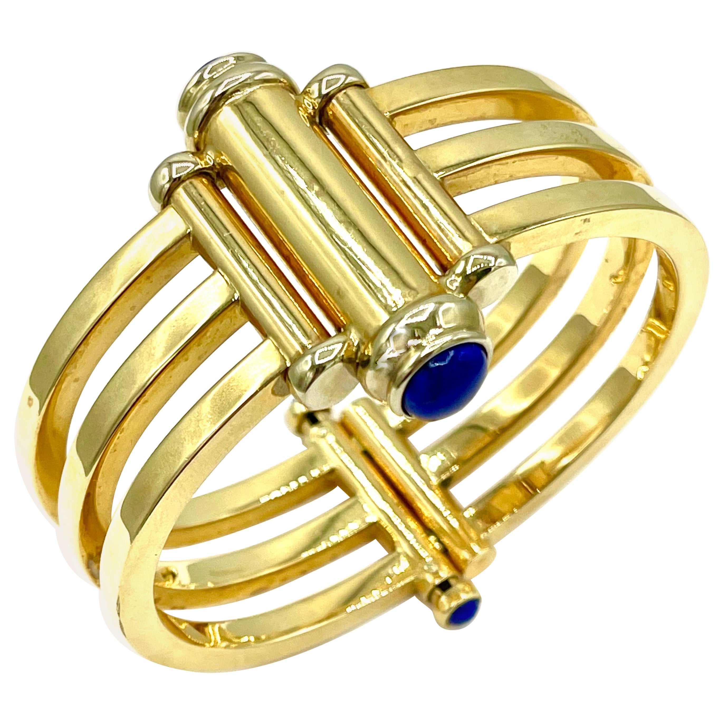 Lapis Lazuli and 18K Yellow Gold Three Row Bangle Bracelet For Sale