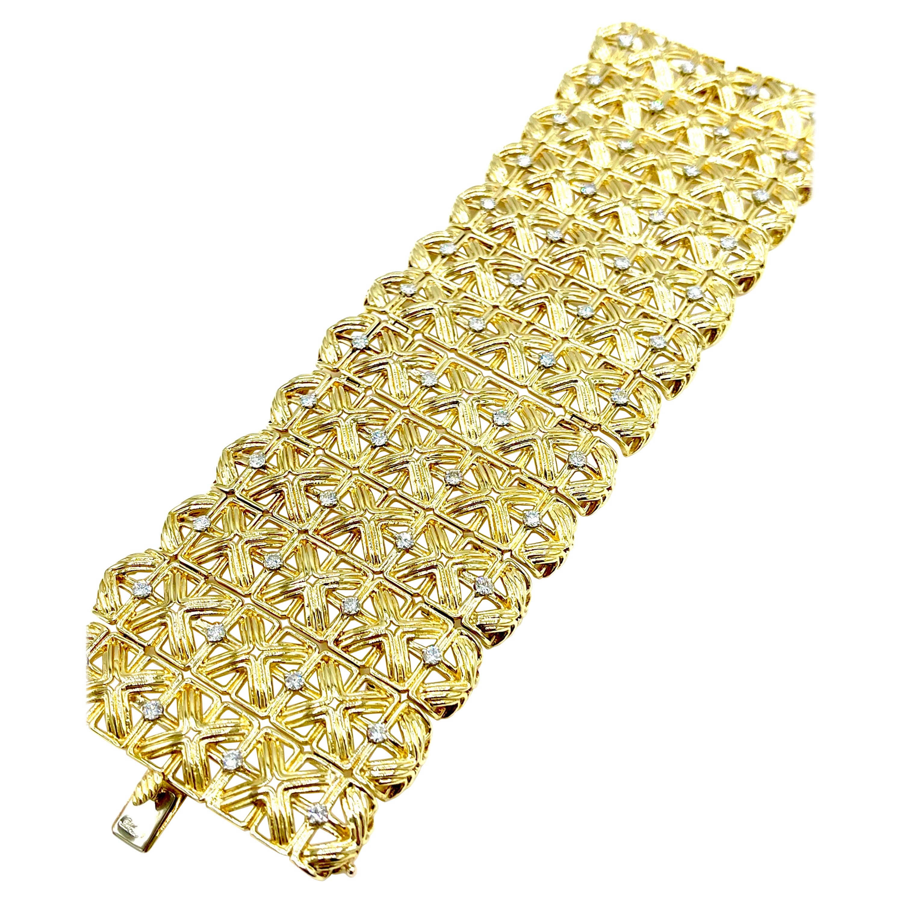 Cartier 3.92 Carat Round Brilliant Diamond 18K Yellow Gold Wide Bracelet For Sale