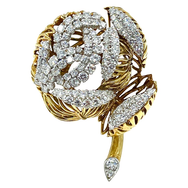 Broche Ancienne En Argent Massif 925 - Motif Fleur Avec Brillants, Poinçonnée, Occasion