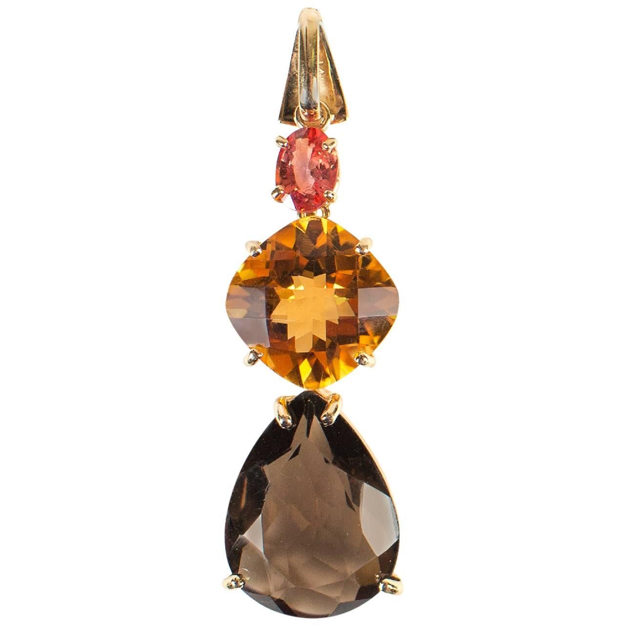 Tourmaline, Citrine and Smoky Quartz 14 Karat Yellow Gold Pendant