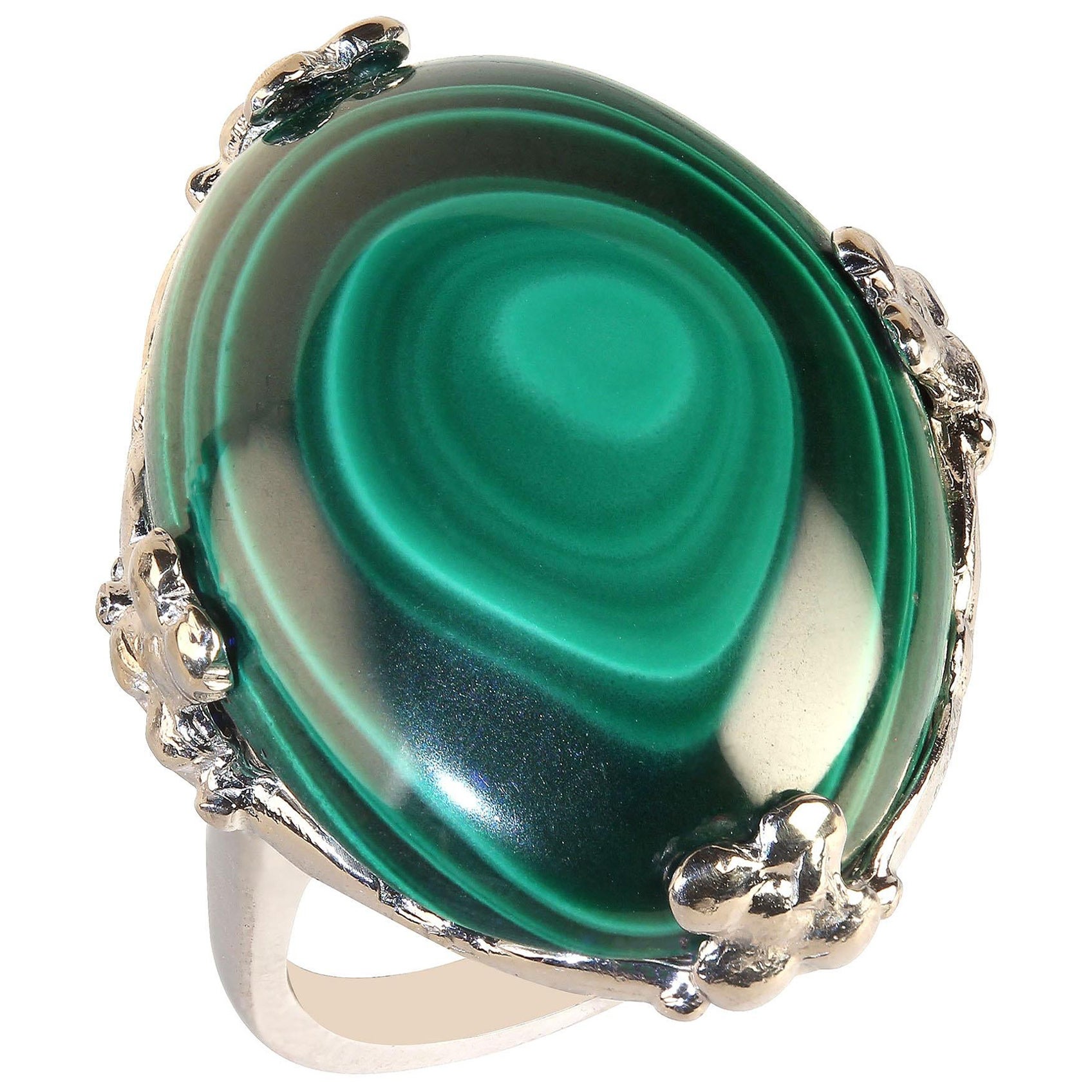AJD Oval Malachite Cabochon in Handmade 14K White Gold Ring