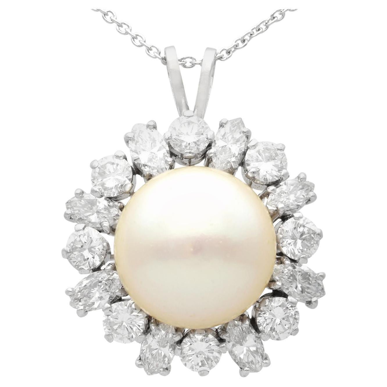 Vintage Cultured Pearl and 4.02 Carat Diamond Platinum Pendant For Sale