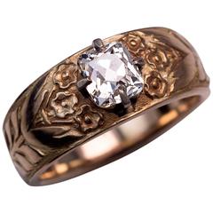 Antique Art Nouveau Cushion Cut Diamond Gold Carved Men's Ring