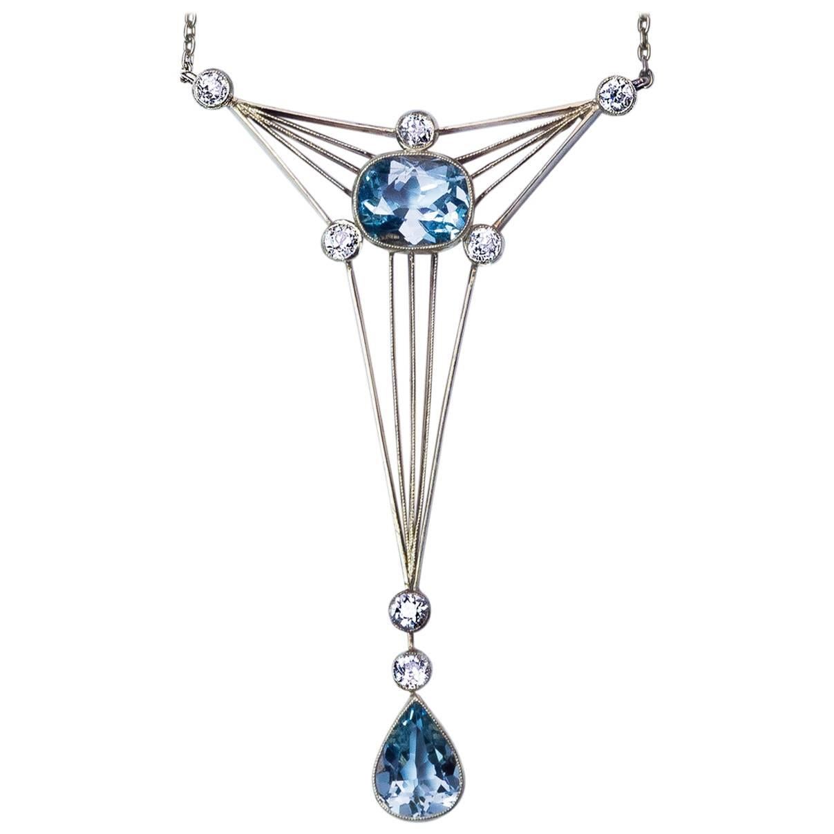 Art Deco Russian Aquamarine Diamond Gold Necklace