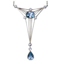 Art Deco Russian Aquamarine Diamond Gold Necklace
