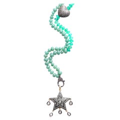 Clarissa Bronfman Green Agate Diamond Heart RoseCut Diamond Star Beaded Necklace