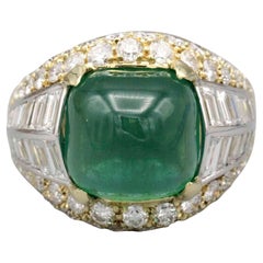 Vintage Sugarloaf Cabochon Emerald and Diamond and 18 Karat Gold Ring