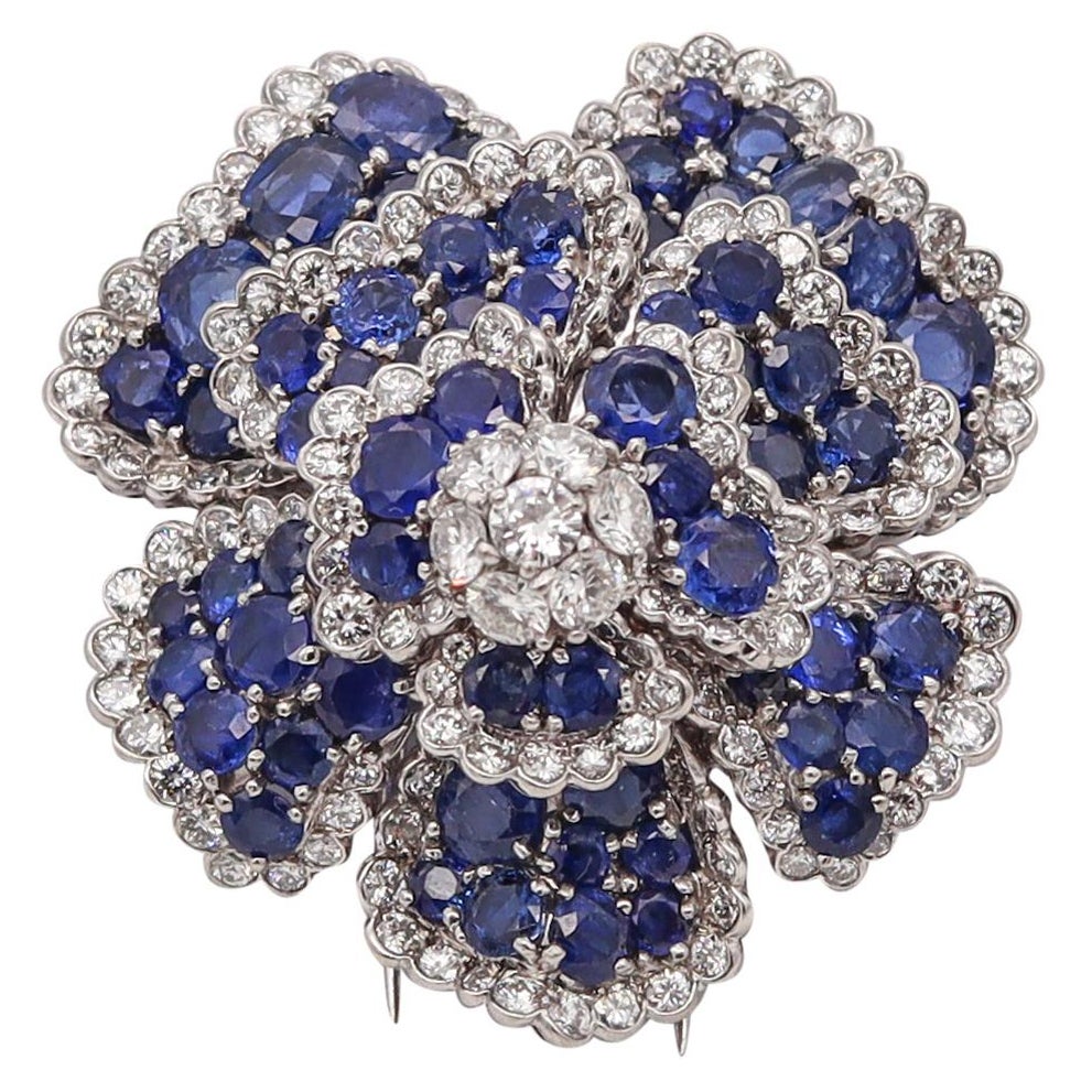Art Deco 1930 Gia Certified Brooch Platinum with 27.85 Ctw Diamonds & Sapphires