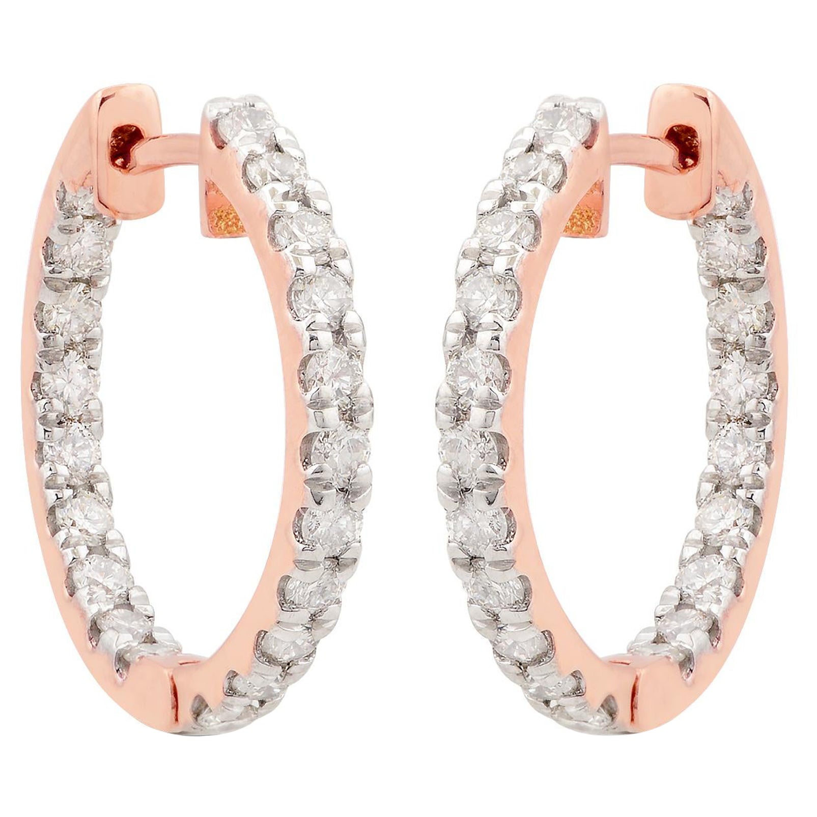 1.07 Carat SI Clarity HI Color Diamond Pave Hoop Earrings 10k Rose Gold Jewelry For Sale