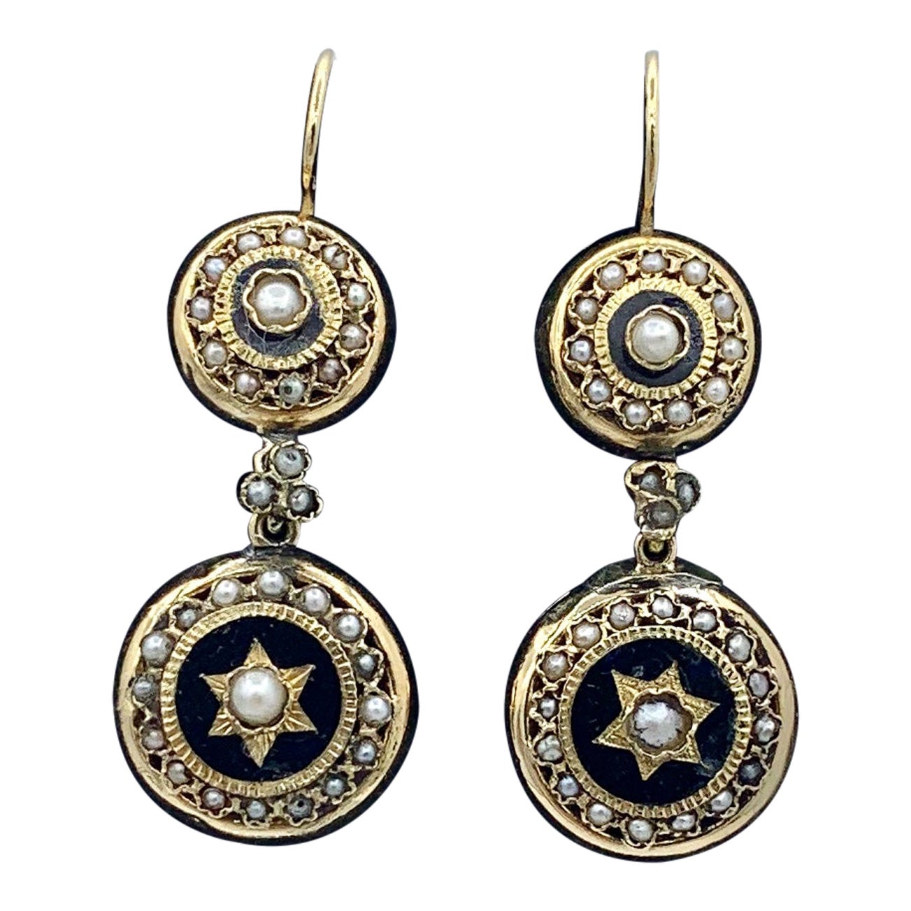 French Napoleon III Victorian Enamel Pearl Dangle Drop Earrings 18 Karat Gold