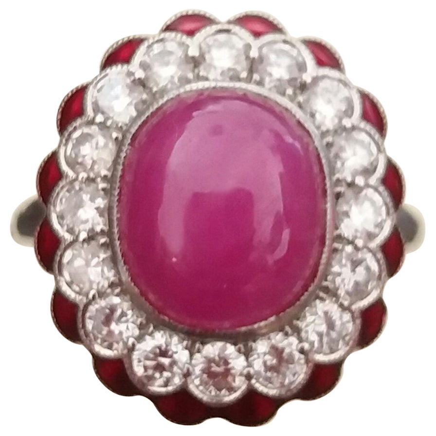 10 Carat Oval Ruby Cab 1 Carat Diamonds Red Enamel 14K White Gold Cocktail Ring For Sale
