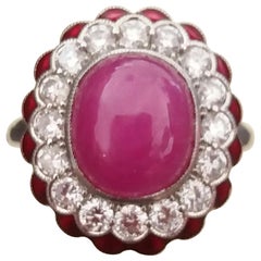 Retro 10 Carat Oval Ruby Cab 1 Carat Diamonds Red Enamel 14K White Gold Cocktail Ring