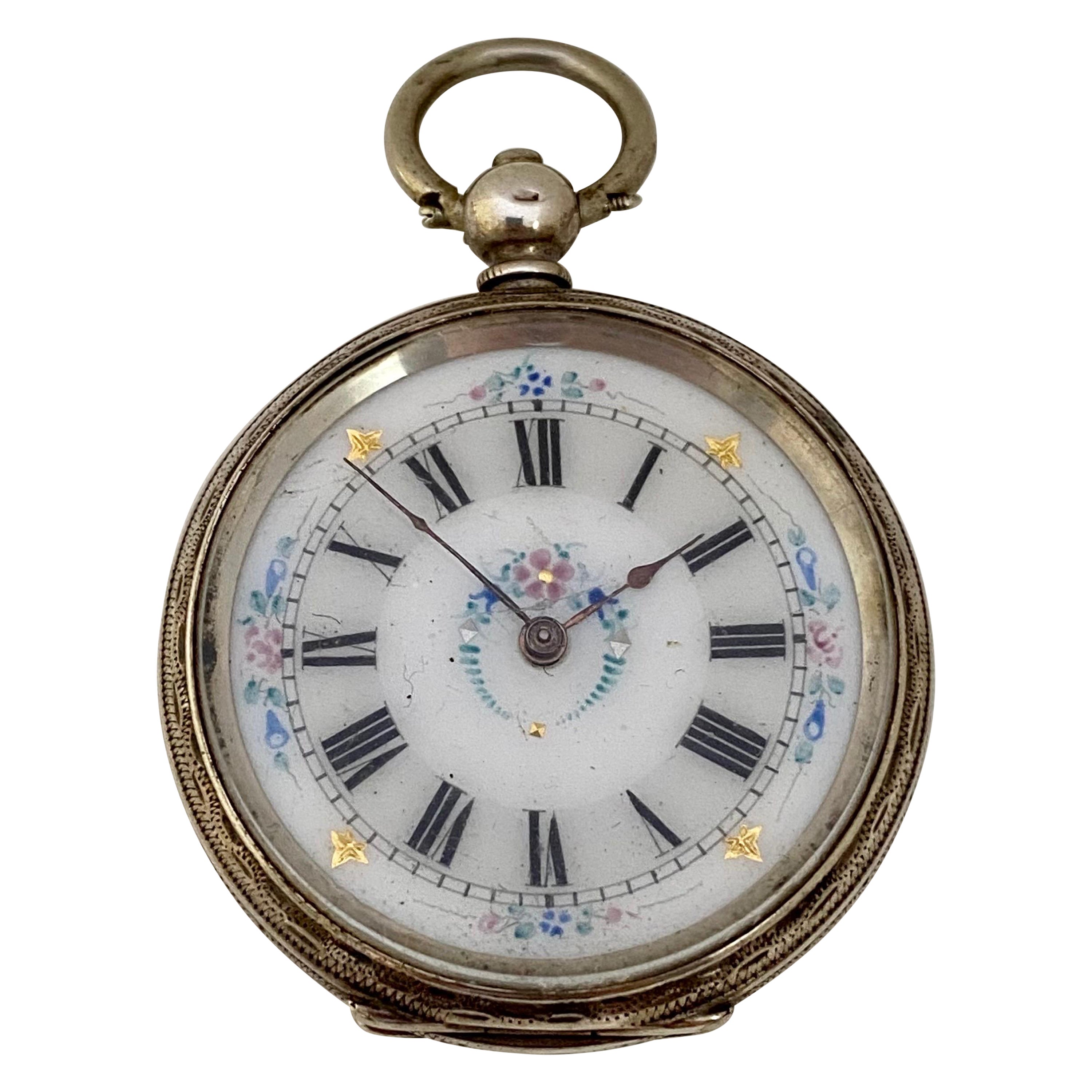 Antique Victorian Period Dimier Freres & Cie Silver & Enamel Pocket Watch For Sale