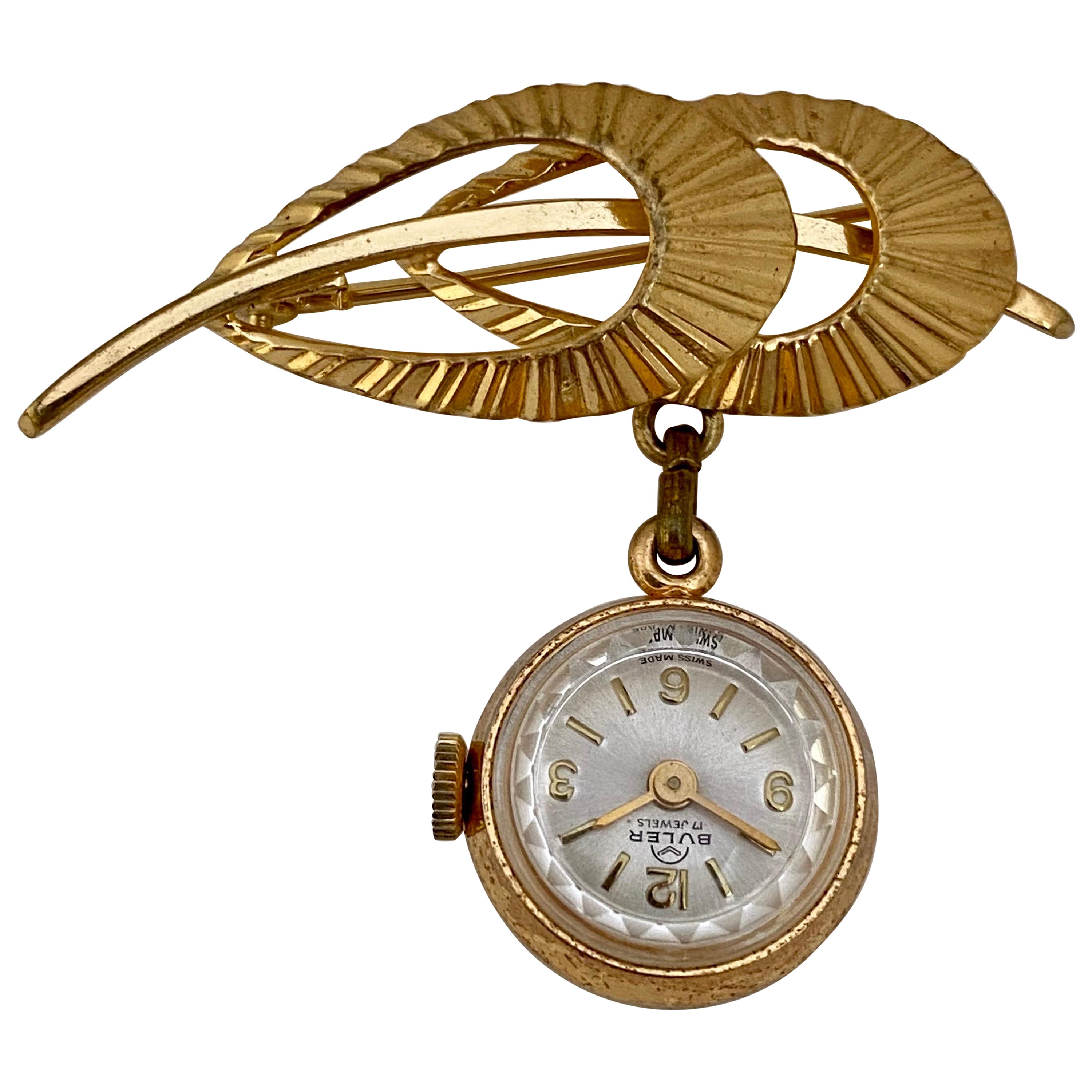 Vintage Gold Plated and Stainless Steel Brooch Watch For Sale