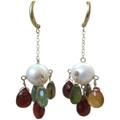 Marina J Pearl, briolettes en tourmaline multicolore et perles  Pendants d'oreilles or 14 carats 