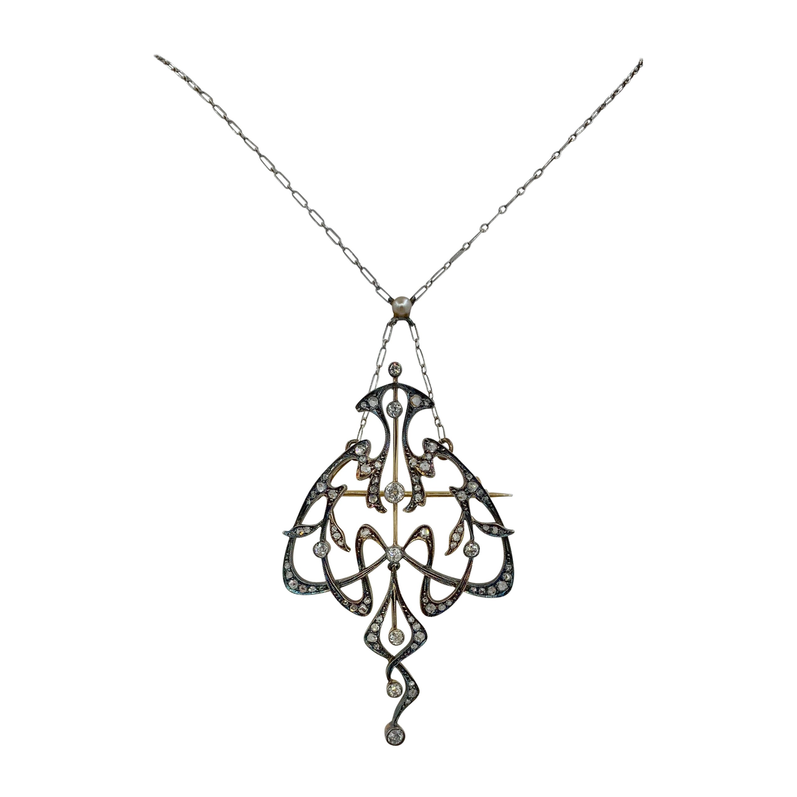 Antique Old European and Rose Cut Diamond Pearl Platinum Gold Pendant Necklace