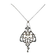 Antique Old European and Rose Cut Diamond Pearl Platinum Gold Pendant Necklace