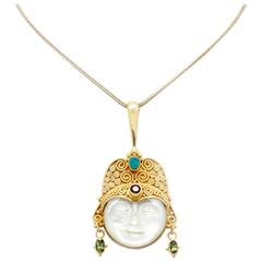 Vintage Signed Sajen 18k Mother of Pearl Opal Peridot Ruby Moon Goddess Pendant Necklace